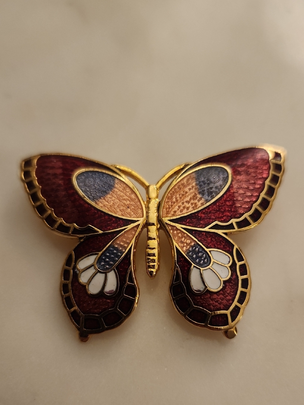 Enamel Cloisonne Style Butterfly Brooch Pin in Burgundy and Gold